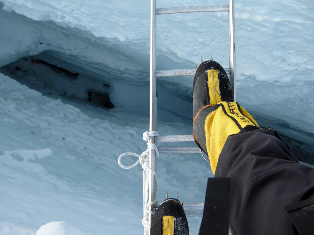 Looking down into a crevasse